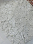 Ivory Beaded Fabric by yard, Bridal beaded, Damask Pattern Beads and Sequins