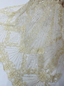 Ivory Beaded Geometric Pattern Beaded Fabric by the yard, Embroidery Beaded Lace Fabric