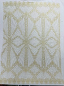 Ivory Beaded Geometric Pattern Beaded Fabric by the yard, Embroidery Beaded Lace Fabric