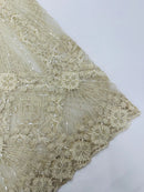 Ivory Beaded Geometric Pattern Beaded Fabric by the yard, Embroidery Beaded Lace Fabric