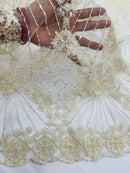 Ivory Beaded Geometric Pattern Beaded Fabric by the yard, Embroidery Beaded Lace Fabric