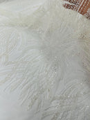 Ivory Embroidery Beaded Fabric by Yard, Sequin on a Mesh with Floral Lace