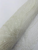 Ivory Embroidery Beaded Fabric by Yard, Sequin on a Mesh with Floral Lace