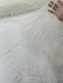 Ivory Embroidery Beaded Fabric by Yard, Sequin on a Mesh with Floral Lace