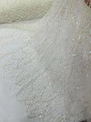 Ivory Luxury Beaded Pattern Fabric by the yard, Embroidery Beaded Lace Fabric