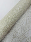 Ivory Luxury Beaded Pattern Fabric by the yard, Embroidery Beaded Lace Fabric