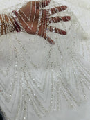 Ivory Luxury Beaded Pattern Fabric by the yard, Embroidery Beaded Lace Fabric