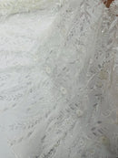 Ivory Floral Design Beads & Sequins, Lace Beaded Floral & Leaf Embroidered Lace