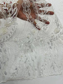 Ivory Floral Design Beads & Sequins, Lace Beaded Floral & Leaf Embroidered Lace