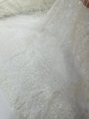 Ivory Luxury Beaded Fabric By The Yard, Luxury Geometric Design Beads and Sequins Mesh