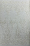 Ivory Luxury Beaded Fabric By The Yard, Luxury Geometric Design Beads and Sequins Mesh