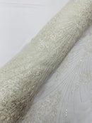 Ivory Luxury Beaded Fabric By The Yard, Luxury Geometric Design Beads and Sequins Mesh