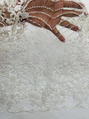 Ivory Luxury Beaded Fabric By The Yard, Luxury Geometric Design Beads and Sequins Mesh