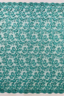 Floral Sequins Corded Fabric - Jade - Lace Sequins Fabric in Floral Pattern Sold By Yard