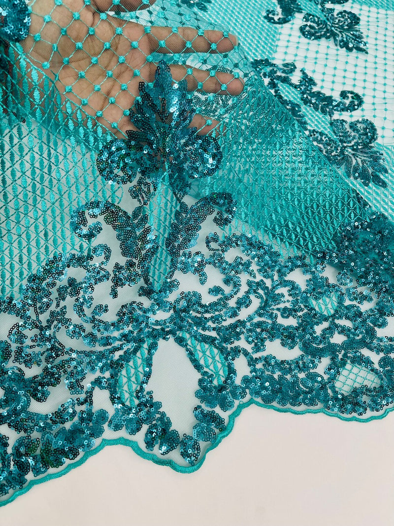 King Damask Lace Fabric - Jade - Corded Embroidery with Sequins on Mesh Lace Fabric By Yard