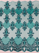 King Damask Lace Fabric - Jade - Corded Embroidery with Sequins on Mesh Lace Fabric By Yard