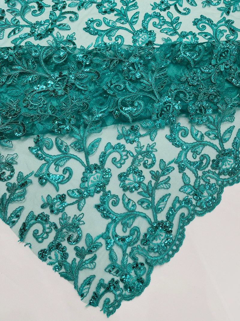 Floral Sequins Corded Fabric - Jade - Lace Sequins Fabric in Floral Pattern Sold By Yard
