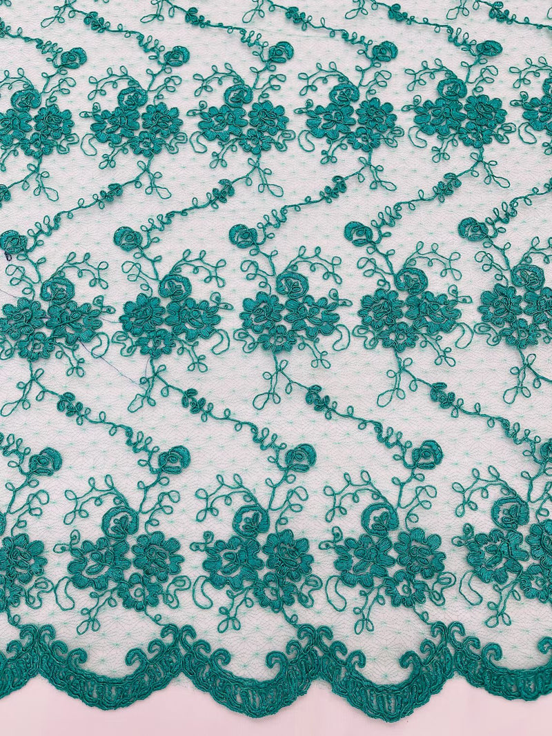 Jasmine Flower Fabric - Jade - Embroidered Floral Design Lace Mesh Bridal Fabric By Yard