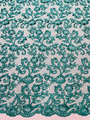 Floral Sequins Corded Fabric - Jade - Lace Sequins Fabric in Floral Pattern Sold By Yard