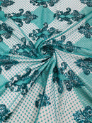 King Damask Lace Fabric - Jade - Corded Embroidery with Sequins on Mesh Lace Fabric By Yard