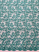 Floral Sequins Corded Fabric - Jade - Lace Sequins Fabric in Floral Pattern Sold By Yard