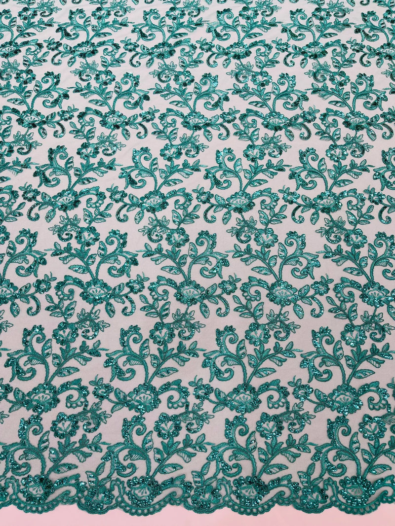 Floral Sequins Corded Fabric - Jade - Lace Sequins Fabric in Floral Pattern Sold By Yard