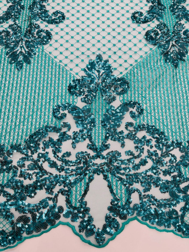 King Damask Lace Fabric - Jade - Corded Embroidery with Sequins on Mesh Lace Fabric By Yard