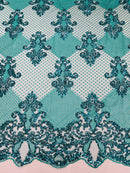 King Damask Lace Fabric - Jade - Corded Embroidery with Sequins on Mesh Lace Fabric By Yard
