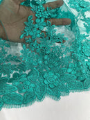 Flower 3D Corded Fabric - Jade Green - Lace Mesh Fabric Embroidered Floral Design by Yard