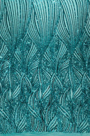 Curvy Design Sequins Fabric - Jade Green - 4 Way Stretch Curvy Sequins Design Mesh Fabric by Yard