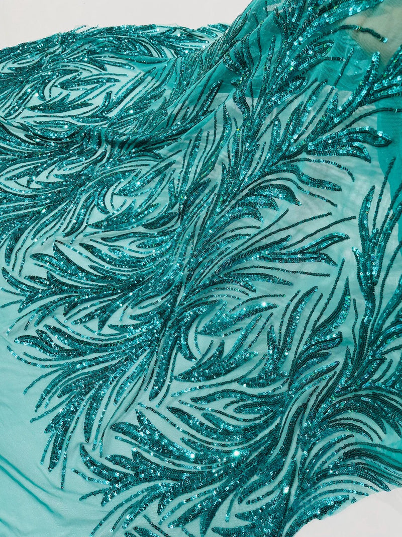 Leaf Stretch Sequins Fabric - Jade Green - 4 Way Stretch Sequins on Lace Mesh Fabric by Yard