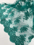 Damask Flower Lace Fabric - Jade Green - Damask Flowers Embroidered on Lace Fabric By Yard