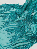 Wavy Leaf Design Fabric - Jade Green - 4 Way Stretch Sequins Lace Mesh Leaf Design Fabric by Yard