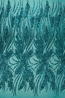 Wavy Leaf Design Fabric - Jade Green - 4 Way Stretch Sequins Lace Mesh Leaf Design Fabric by Yard