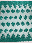 Flower 3D Corded Fabric - Jade Green - Lace Mesh Fabric Embroidered Floral Design by Yard
