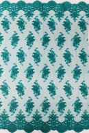 Damask Flower Lace Fabric - Jade Green - Damask Flowers Embroidered on Lace Fabric By Yard