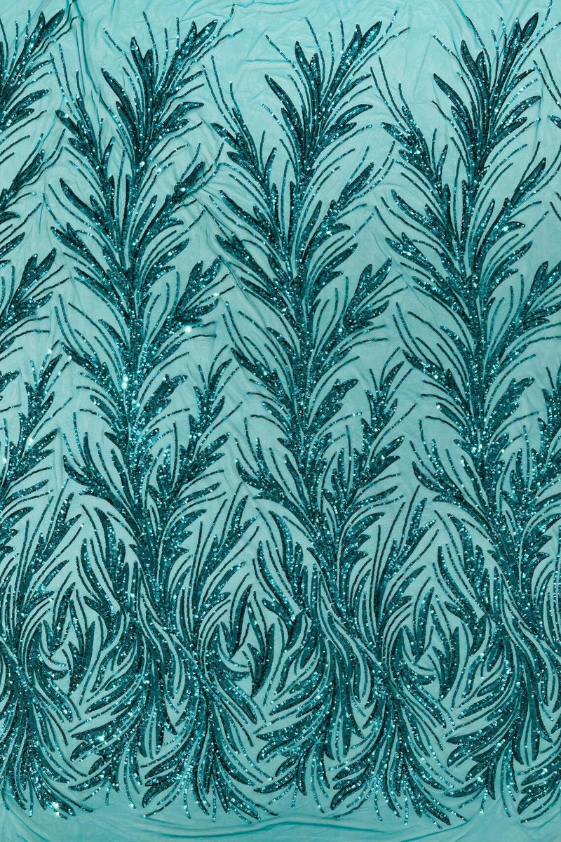 Leaf Stretch Sequins Fabric - Jade Green - 4 Way Stretch Sequins on Lace Mesh Fabric by Yard