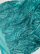 Curvy Design Sequins Fabric - Jade Green - 4 Way Stretch Curvy Sequins Design Mesh Fabric by Yard