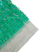 Sword Shaped Sequins - Jade Green - Hanging Iridescent Sequins On Mesh Fabric By Yard