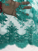 Damask Flower Lace Fabric - Jade Green - Damask Flowers Embroidered on Lace Fabric By Yard