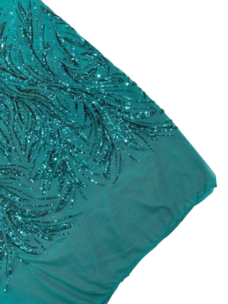 Leaf Stretch Sequins Fabric - Jade Green - 4 Way Stretch Sequins on Lace Mesh Fabric by Yard