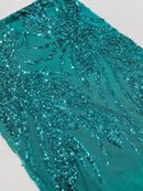 Wavy Leaf Design Fabric - Jade Green - 4 Way Stretch Sequins Lace Mesh Leaf Design Fabric by Yard