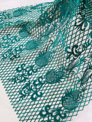 Damask Diamond Net Lace Fabric - Jade Green - Damask Design Embroidered on Lace Mesh Fabric by Yard
