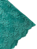 Damask Flower Lace Fabric - Jade Green - Damask Flowers Embroidered on Lace Fabric By Yard