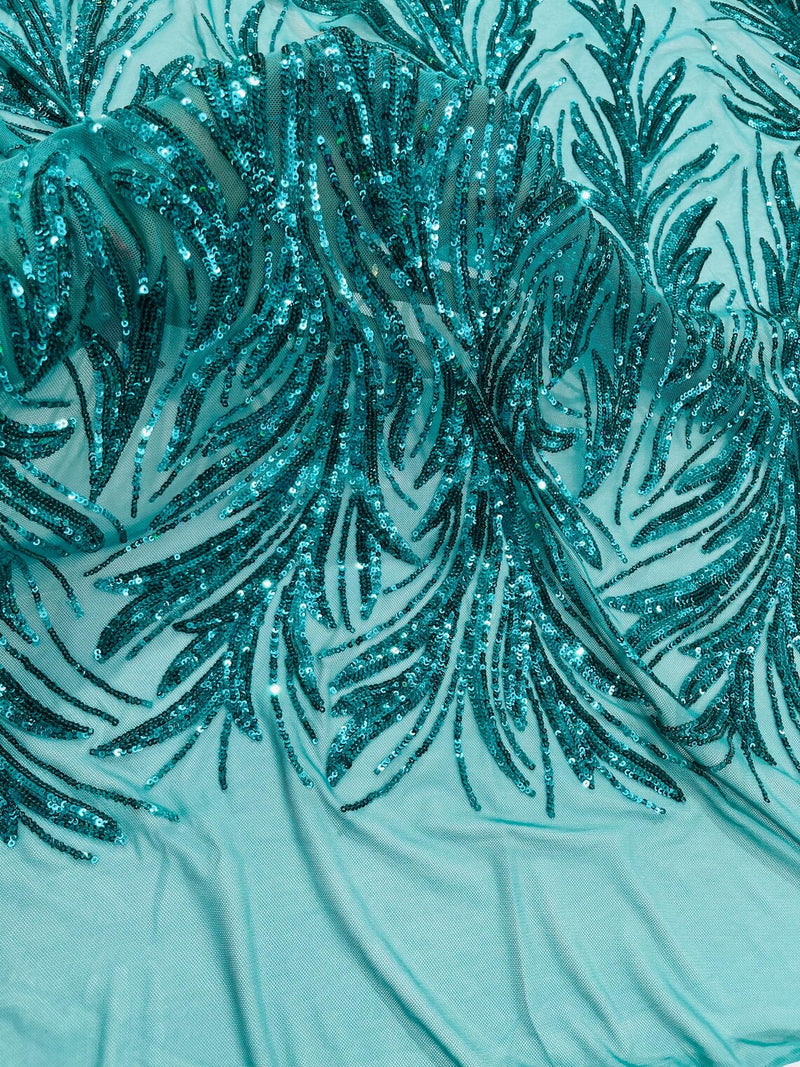 Leaf Stretch Sequins Fabric - Jade Green - 4 Way Stretch Sequins on Lace Mesh Fabric by Yard