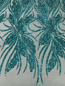Wavy Leaf Design Fabric - Jade Green - 4 Way Stretch Sequins Lace Mesh Leaf Design Fabric by Yard
