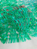 Sword Shaped Sequins - Jade Green - Hanging Iridescent Sequins On Mesh Fabric By Yard