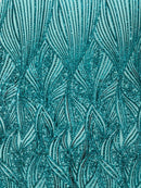 Curvy Design Sequins Fabric - Jade Green - 4 Way Stretch Curvy Sequins Design Mesh Fabric by Yard