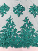 Flower 3D Corded Fabric - Jade Green - Lace Mesh Fabric Embroidered Floral Design by Yard