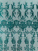 Damask Diamond Net Lace Fabric - Jade Green - Damask Design Embroidered on Lace Mesh Fabric by Yard